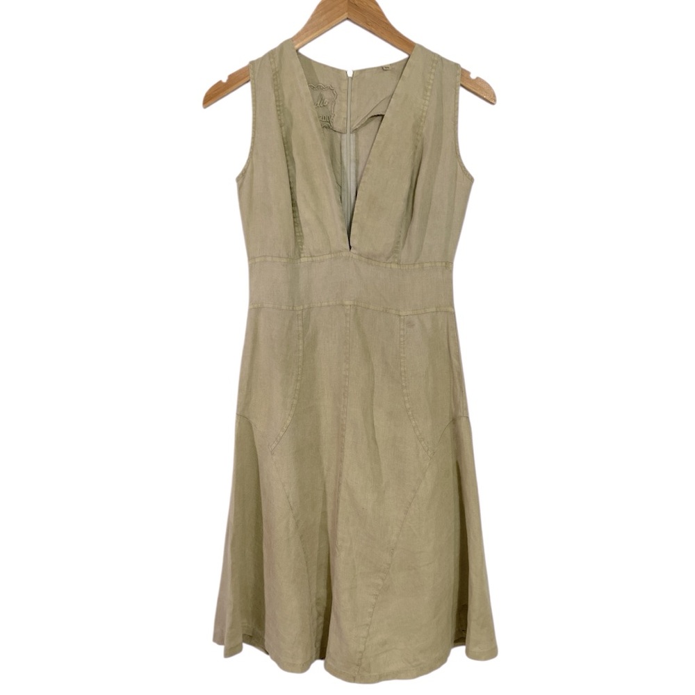 Claudio Milano Cut & Sew Plunge Neck Knee Length Linen Dress in Natural Size XS - Picture 2 of 6